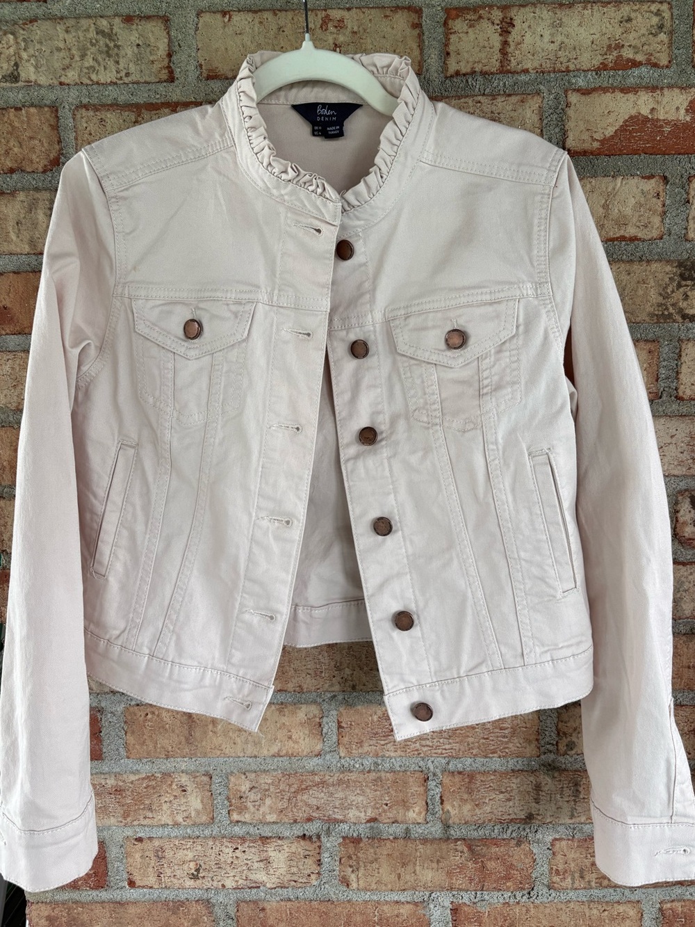 Boden size 6 Carla oat milk denim jacket with ruffle neck.